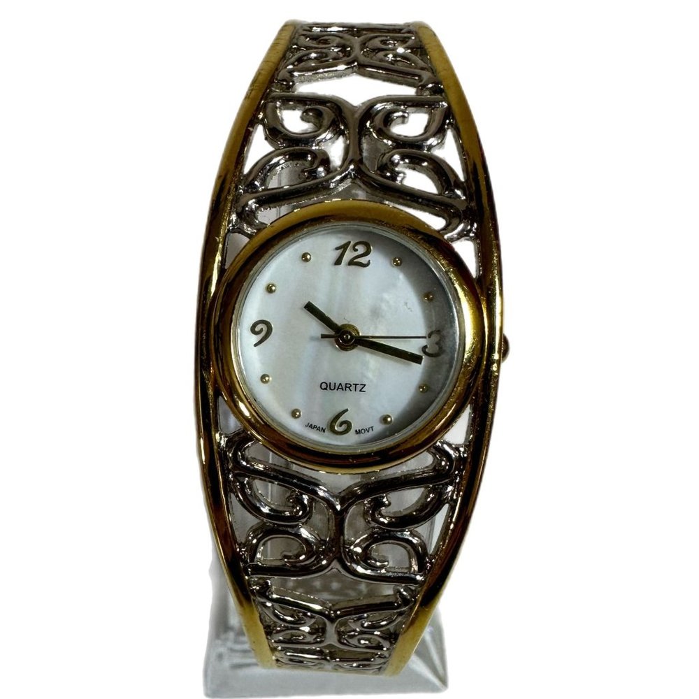 Gold & Silver Tone Butterfly Filigree Bracelet Hinged 1” Band Quartz Watch 6.5"